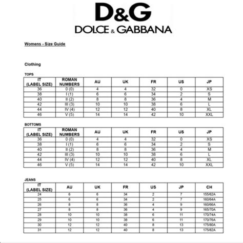 Dolce & Gabbana jeans size chart